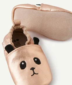 Chaussons en partie en cuir bébé fille rose gold avec pandas brodés