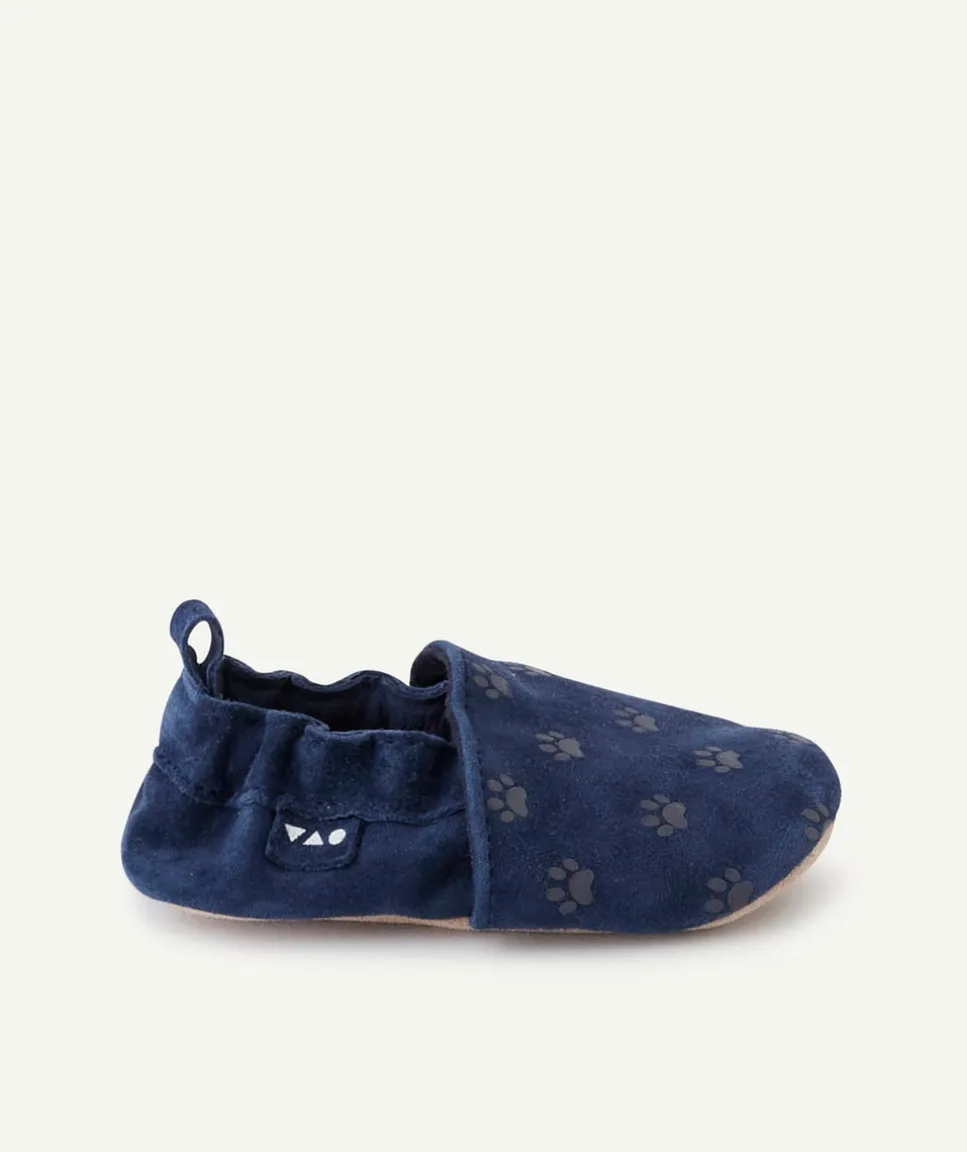 Chaussons en partie en cuir bébé garçon bleu marine avec motifs pattes