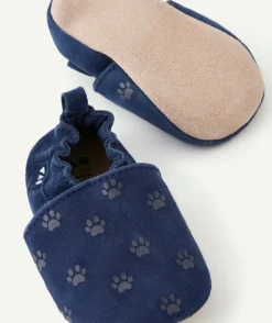 Chaussons en partie en cuir bébé garçon bleu marine avec motifs pattes