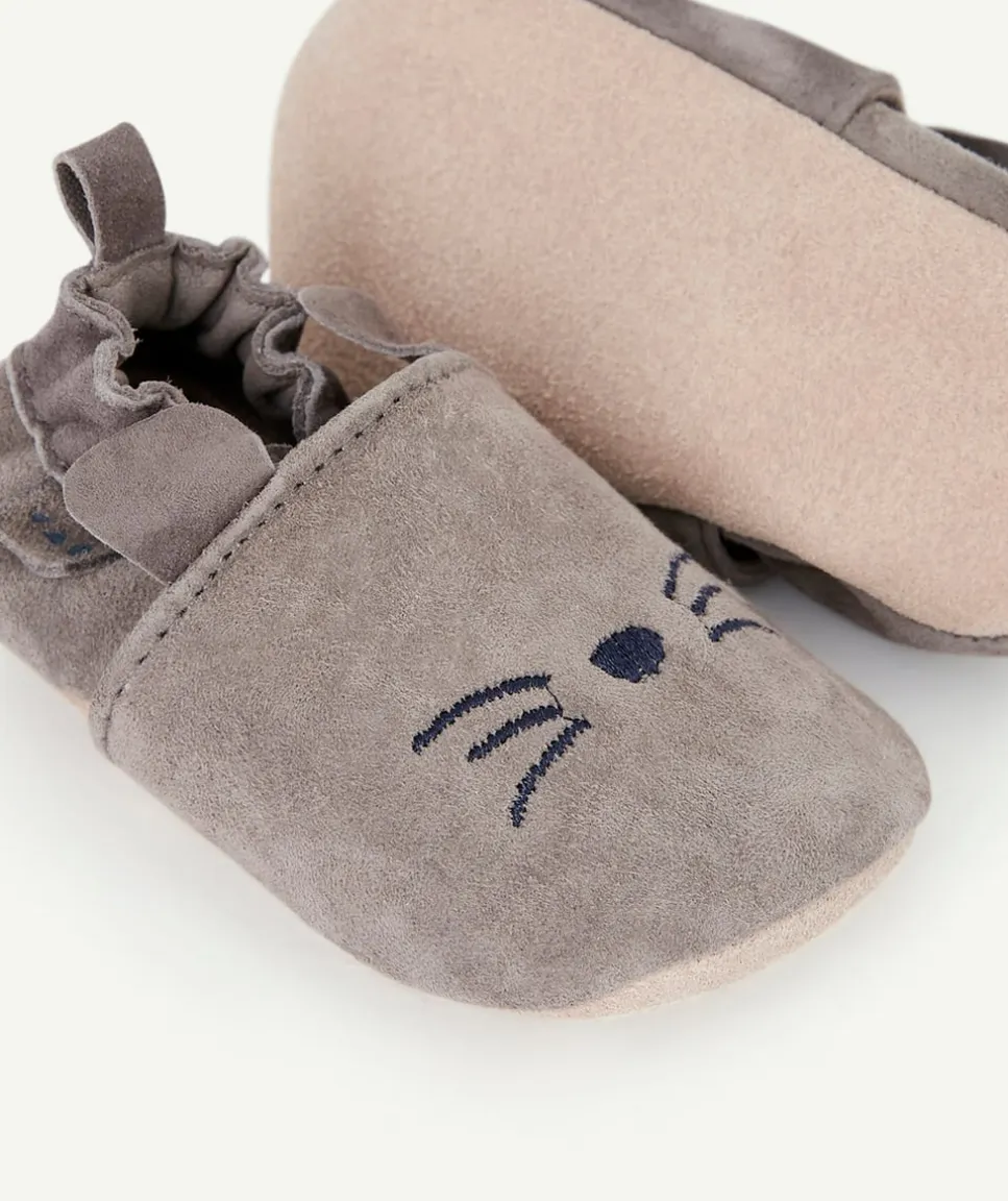 Chaussons en partie en cuir bébé garçon gris avec motif chat