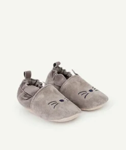 Chaussons en partie en cuir bébé garçon gris avec motif chat