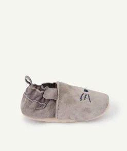 Chaussons en partie en cuir bébé garçon gris avec motif chat