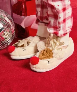 Chaussons fille beige motif renne noël
