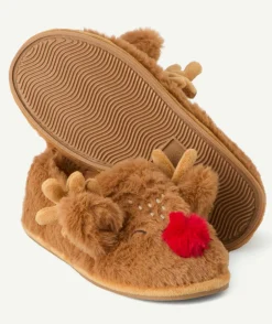 Chaussons garçon marron à motif renne noël