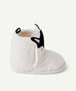 Chaussons montants bébé garçon en sherpa écru au motif renard