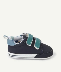 Chaussons style baskets bébé garçon à scratchs bleu et vert