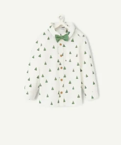 Chemise bébé garçon blanche avec imprimés sapins verts et noeud papillon