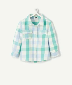Chemise bébé garçon en coton imprimé à carreaux bleu et vert