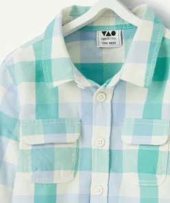 Chemise bébé garçon en coton imprimé à carreaux bleu et vert