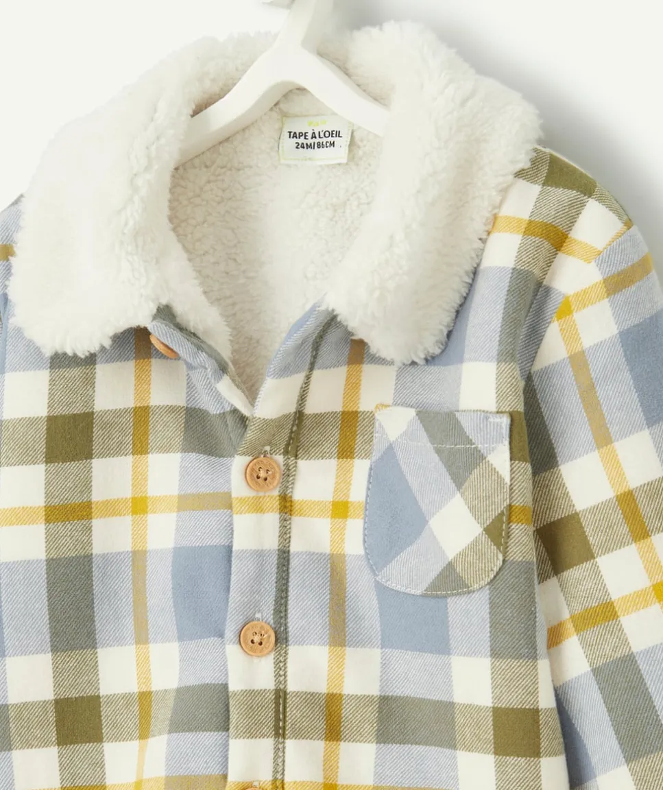 Chemise bébé garçon en fibres recyclées et sherpa à carreaux bleu et vert