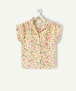 Chemise d'été manches courtes fille jaune avec imprimé à fleurs
