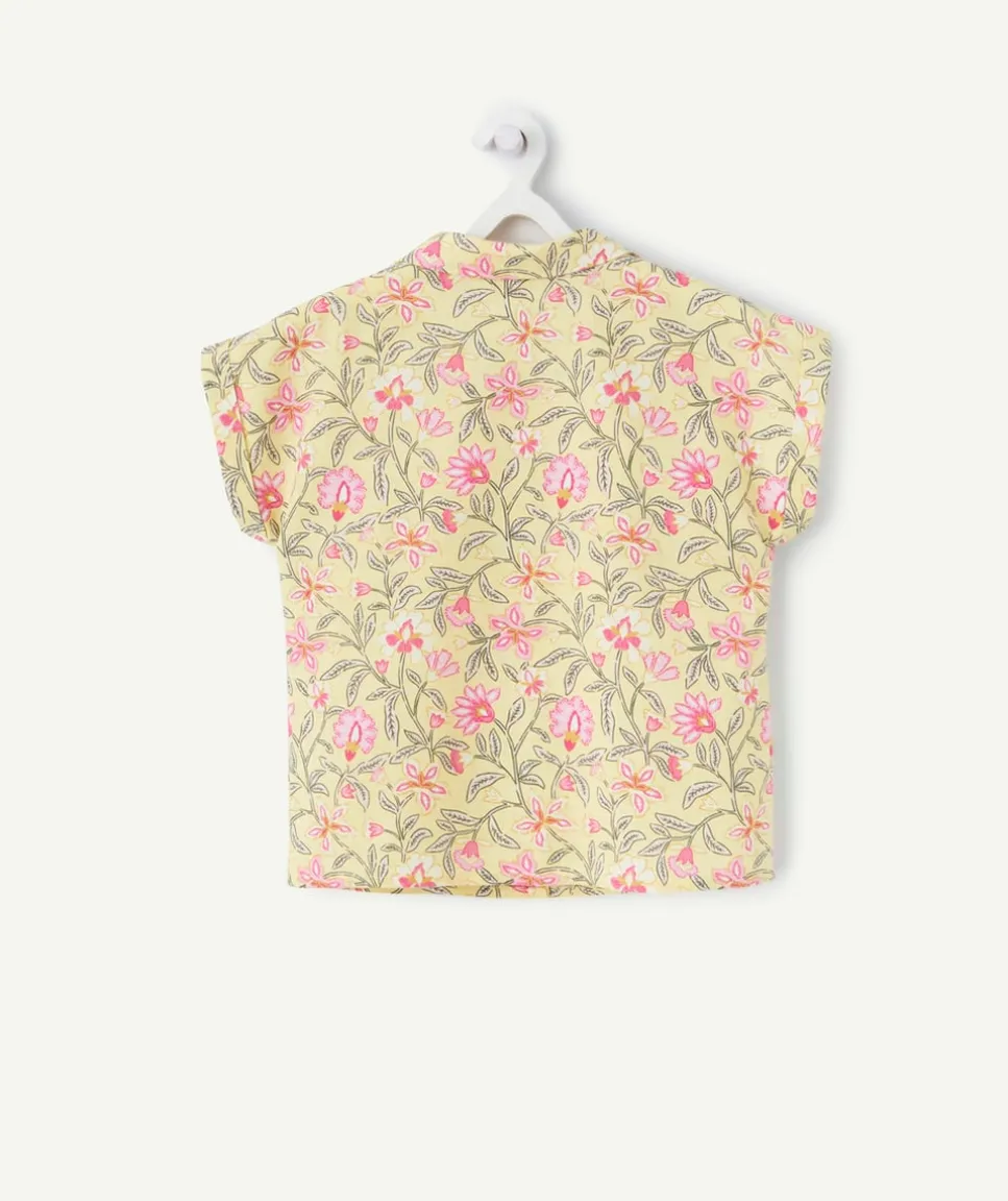 Chemise d'été manches courtes fille jaune avec imprimé à fleurs