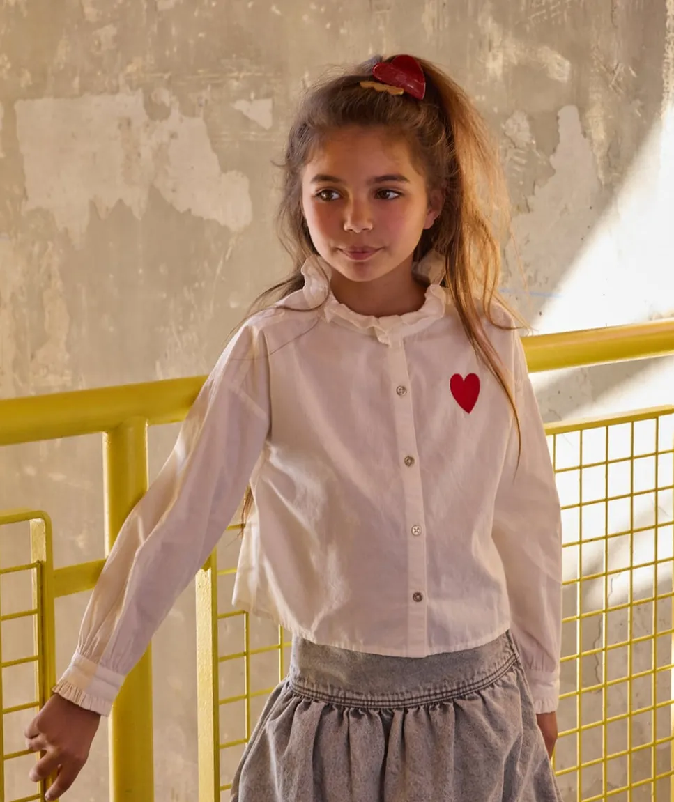 Chemise fille blanche col volant cœur