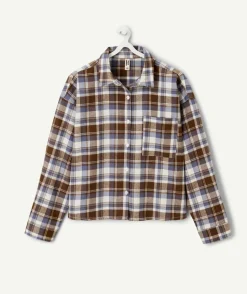 Chemise fille à carreaux marron et bleu