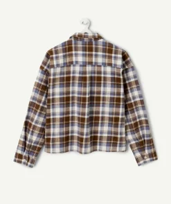 Chemise fille à carreaux marron et bleu