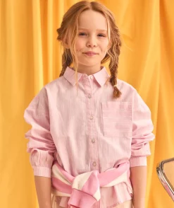 Chemise fille en coton rayée rose
