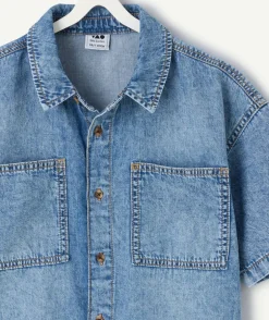 Chemise garçon denim bleu à poches