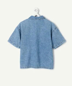 Chemise garçon denim bleu à poches
