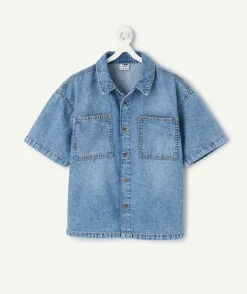 Chemise garçon denim bleu à poches
