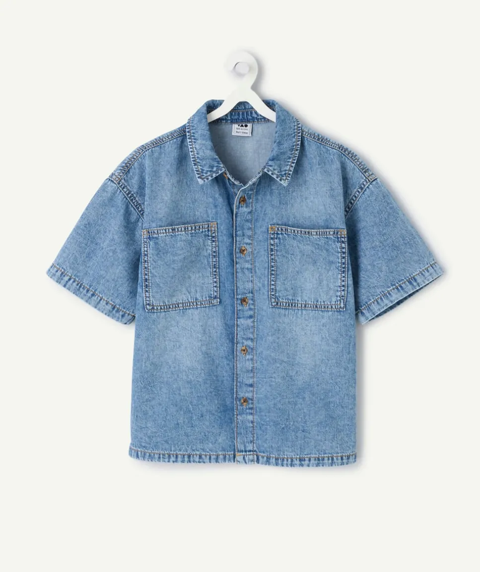Chemise garçon denim bleu à poches