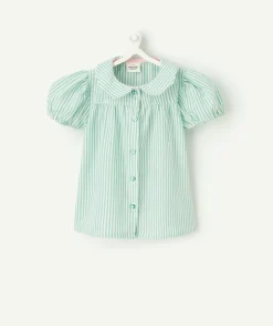 Chemise manches courtes bébé fille en coton bio rayé blanche et verte