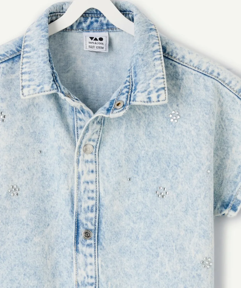 Chemise manches courtes fille denim oversize délavé