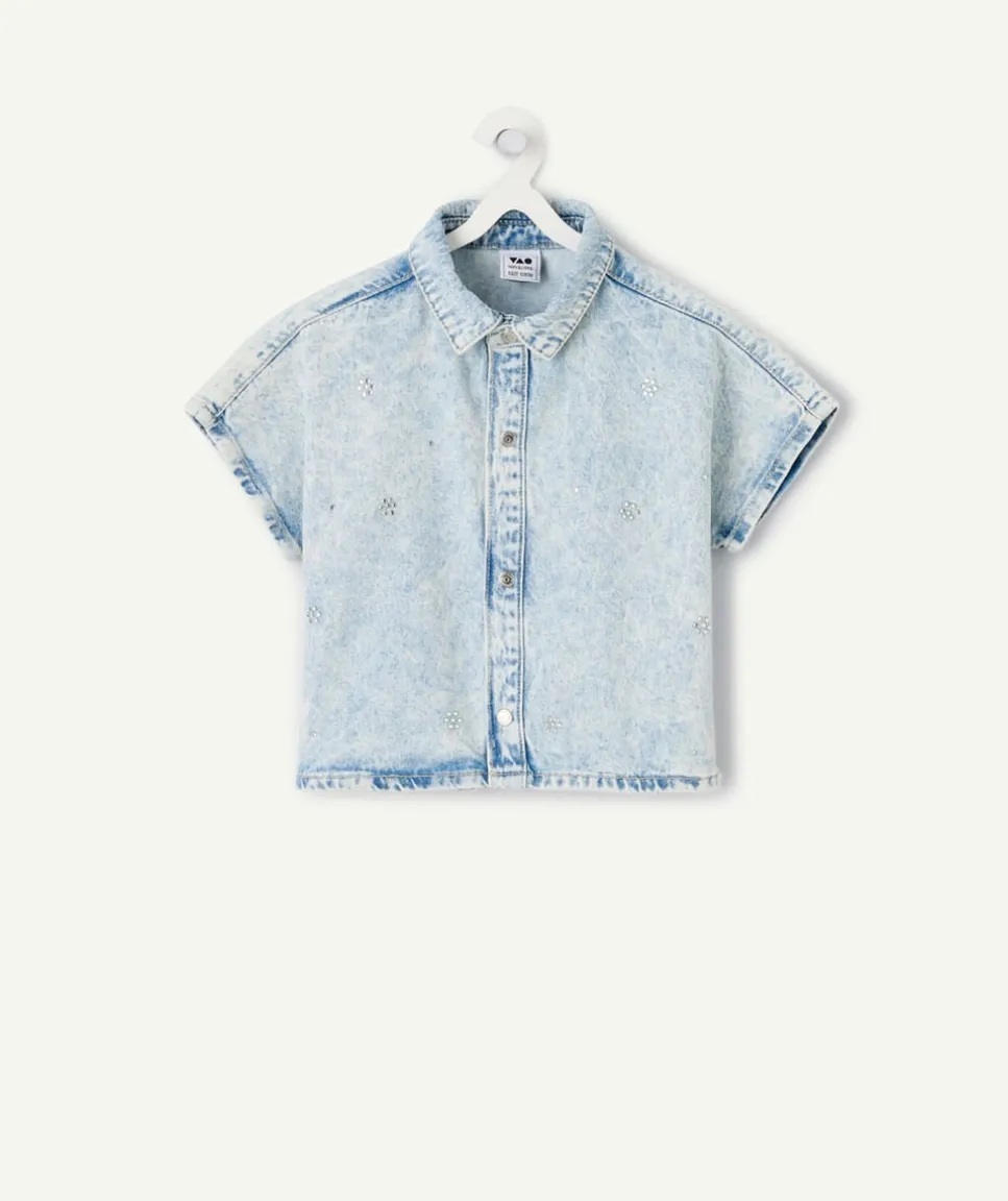 Chemise manches courtes fille denim oversize délavé