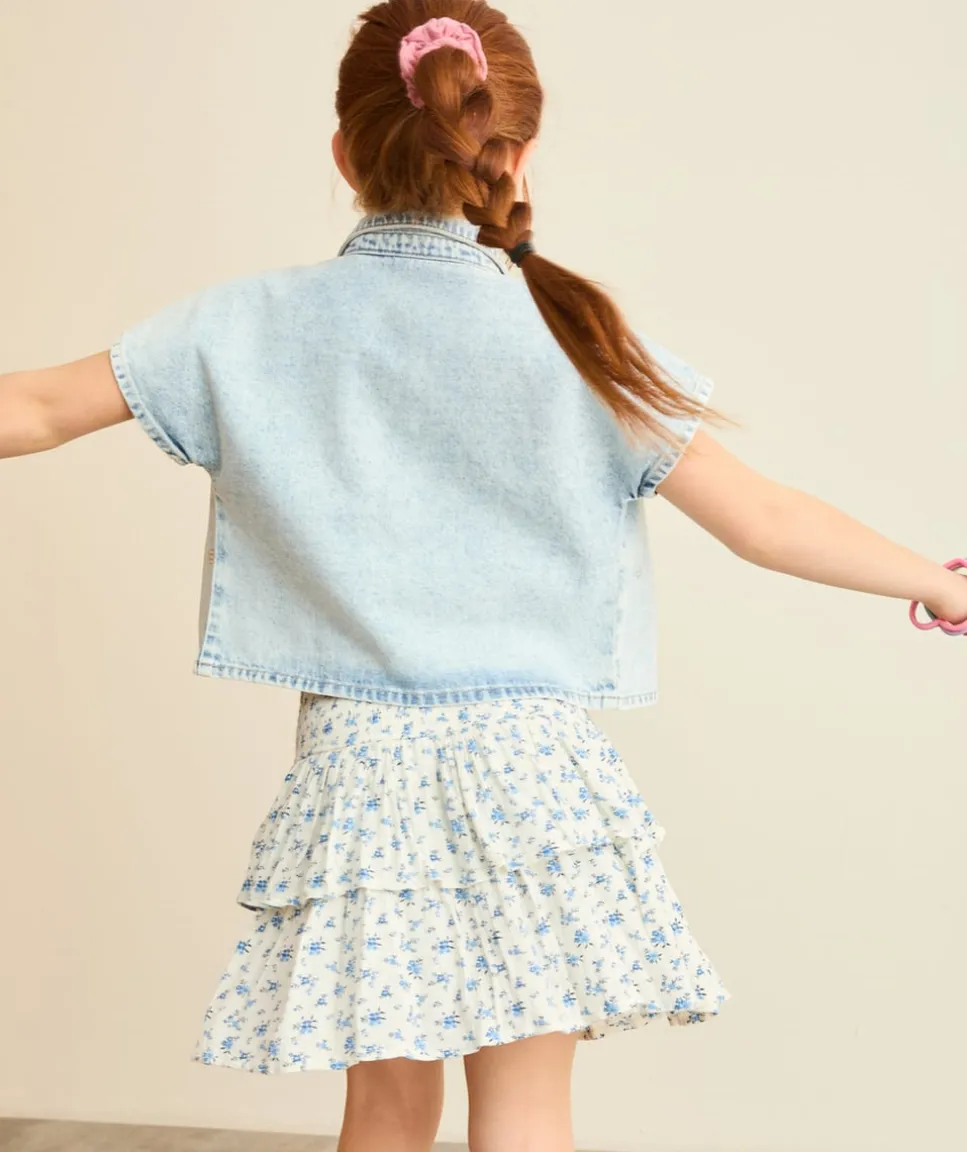 Chemise manches courtes fille denim oversize délavé