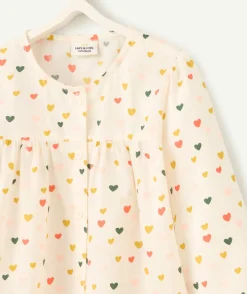 Chemise manches longues bébé fille en coton bio écru imprimé à cœurs colorés