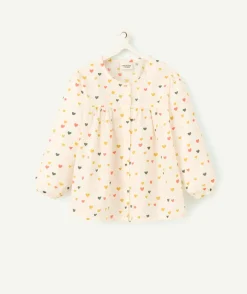 Chemise manches longues bébé fille en coton bio écru imprimé à cœurs colorés
