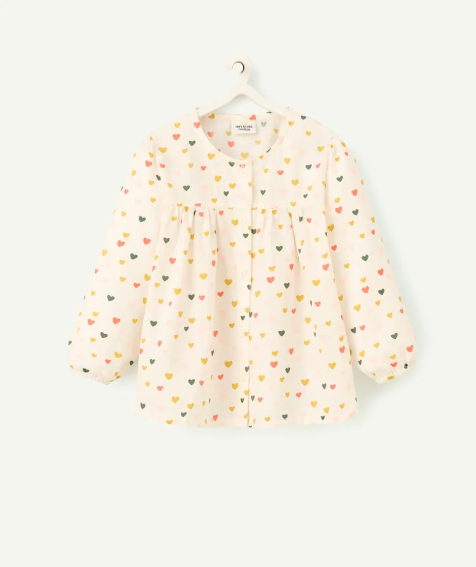 Chemise manches longues bébé fille en coton bio écru imprimé à cœurs colorés