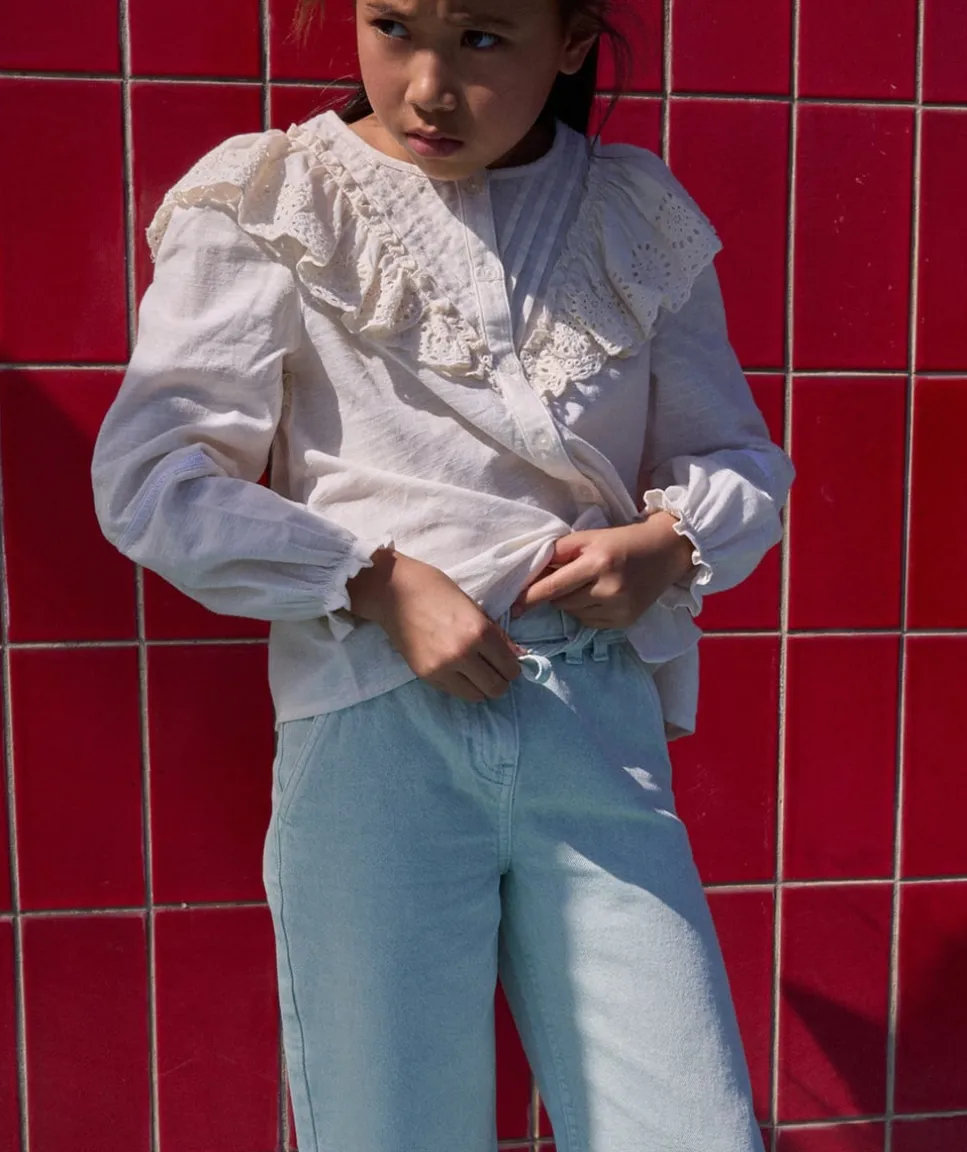 Chemise manches longues fille écrue à volants