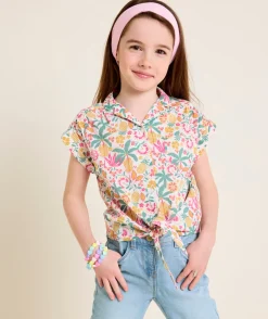 Chemise à noeud fille imprimé tropical