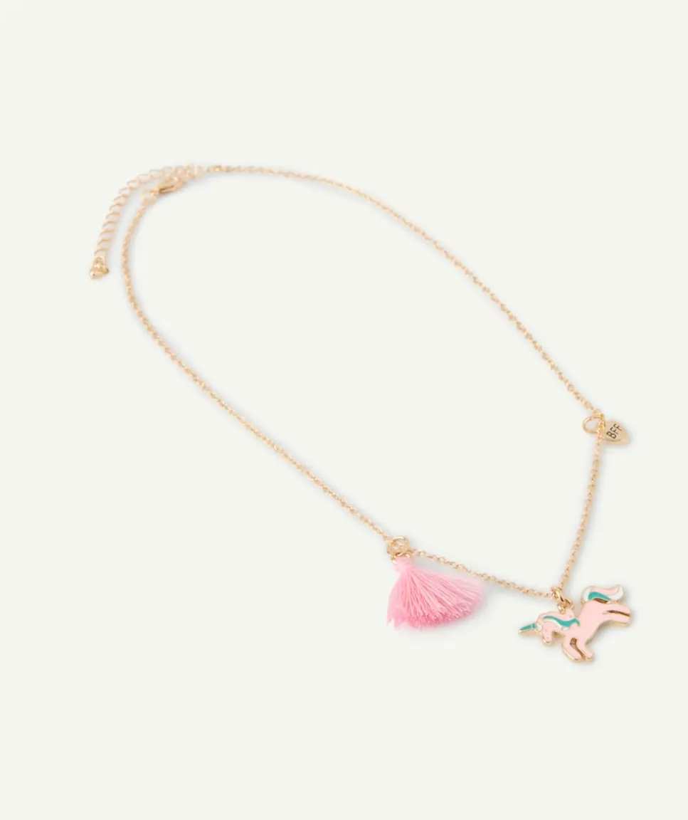 Collier fantaisie fille licorne et pompon rose