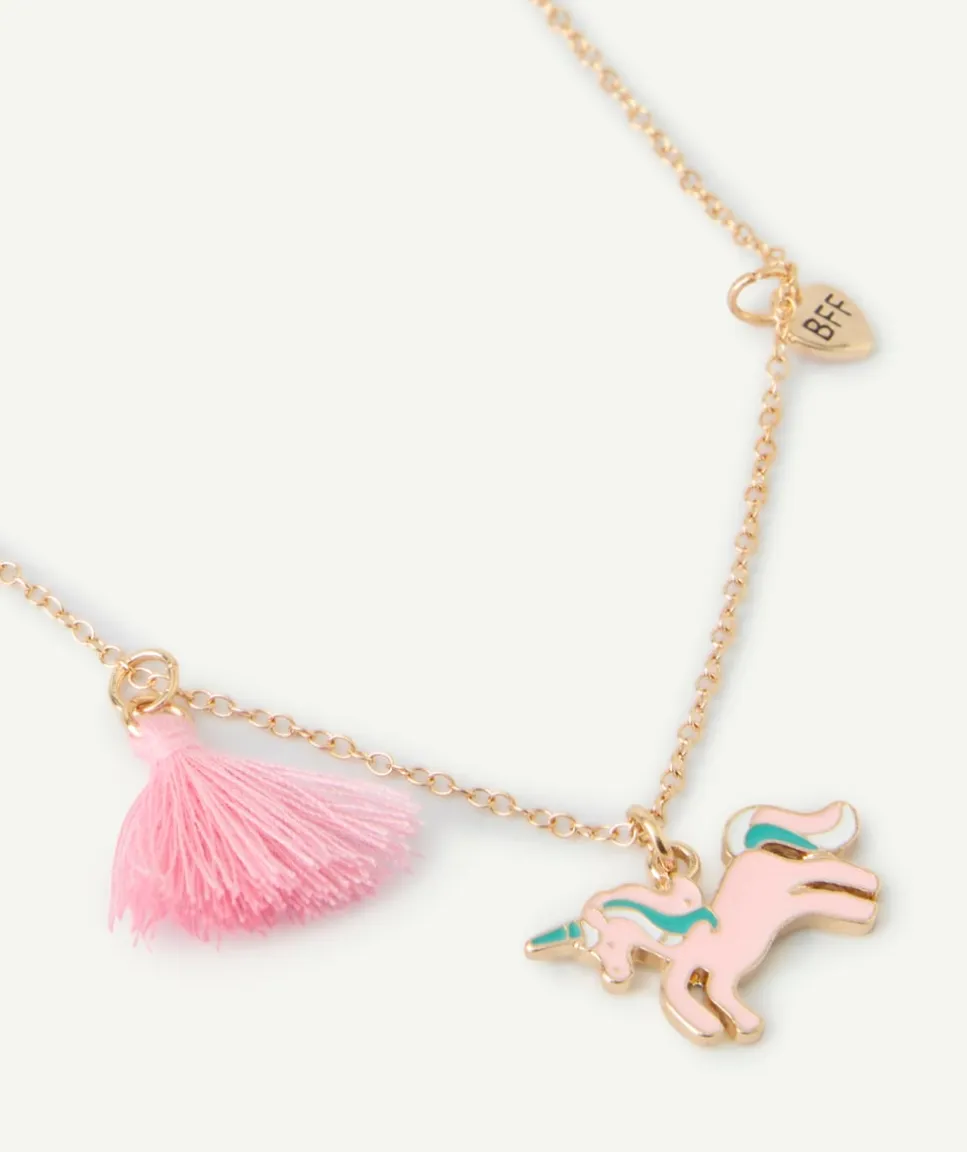 Collier fantaisie fille licorne et pompon rose