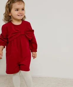 Combinaison bébé fille velours rouge avec nœud