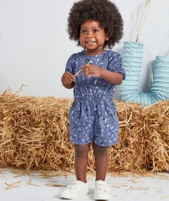 Combishort bébé fille en coton bleu nuit imprimée fleurie