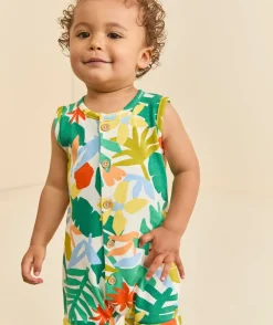 Combishort bébé garçon en coton bio imprimé feuillage exotique