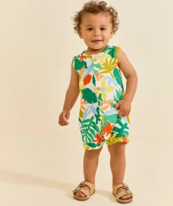 Combishort bébé garçon en coton bio imprimé feuillage exotique