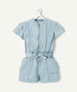 Combishort fille en denim bleu léger lower impact
