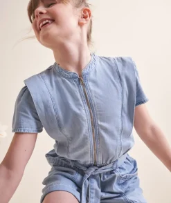 Combishort fille en denim bleu léger lower impact