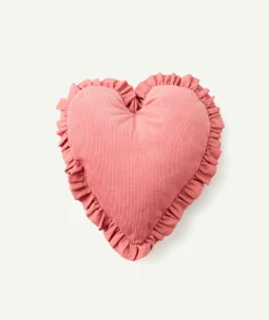 Coussin cœur bébé fille velours côtelé rose volanté