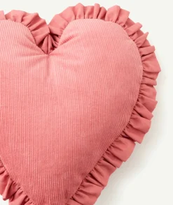 Coussin cœur bébé fille velours côtelé rose volanté