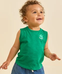 Débardeur bébé garçon en coton bio vert motif brodé