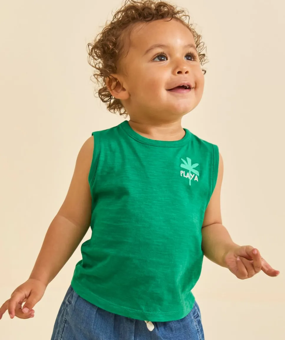 Débardeur bébé garçon en coton bio vert motif brodé