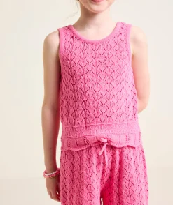 Débardeur fille rose en maille ajourée