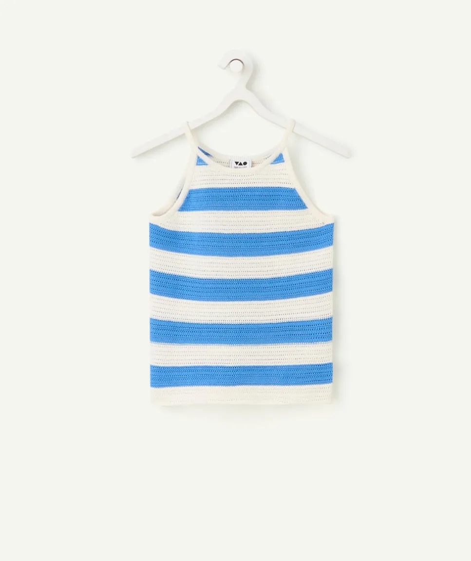Débardeur tricot fille en coton bio rayé bleu et blanc