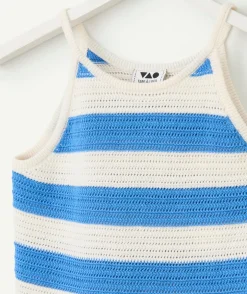 Débardeur tricot fille en coton bio rayé bleu et blanc