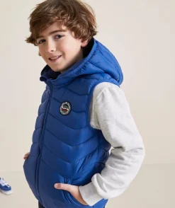 Doudoune à capuche sans manches garçon en rembourrage recyclé bleue