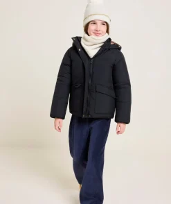 Doudoune noire fille à capuche imprimé léopard